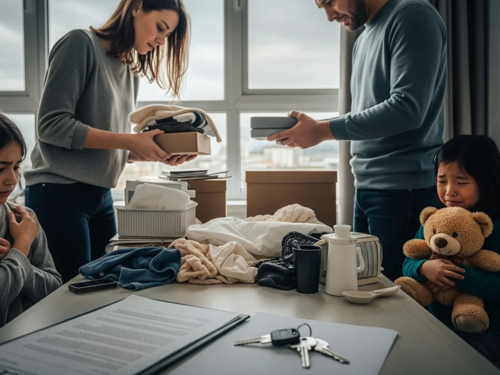 upset couple dividing household items